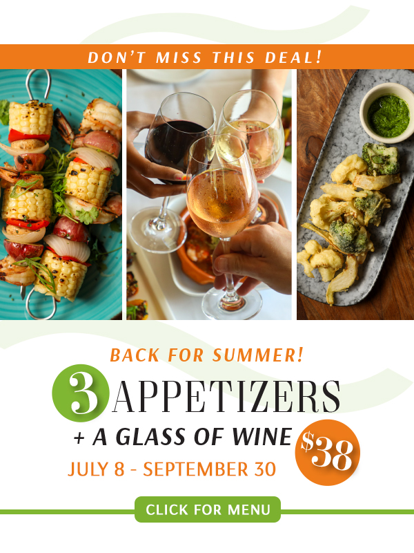 3 Appetizers + A Glass of Wine $38